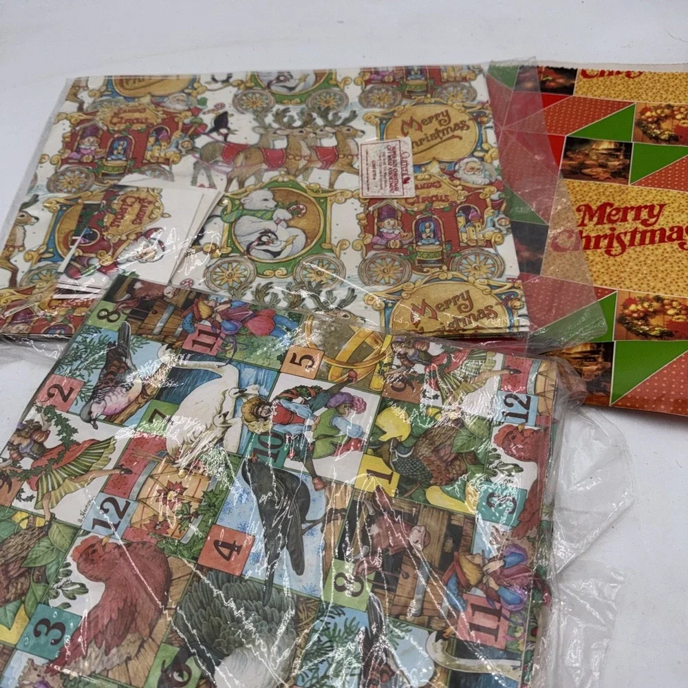 NOS Sheets Vintage Flat Vintage Christmas Gift Wrap + Cards Current Co. 1982